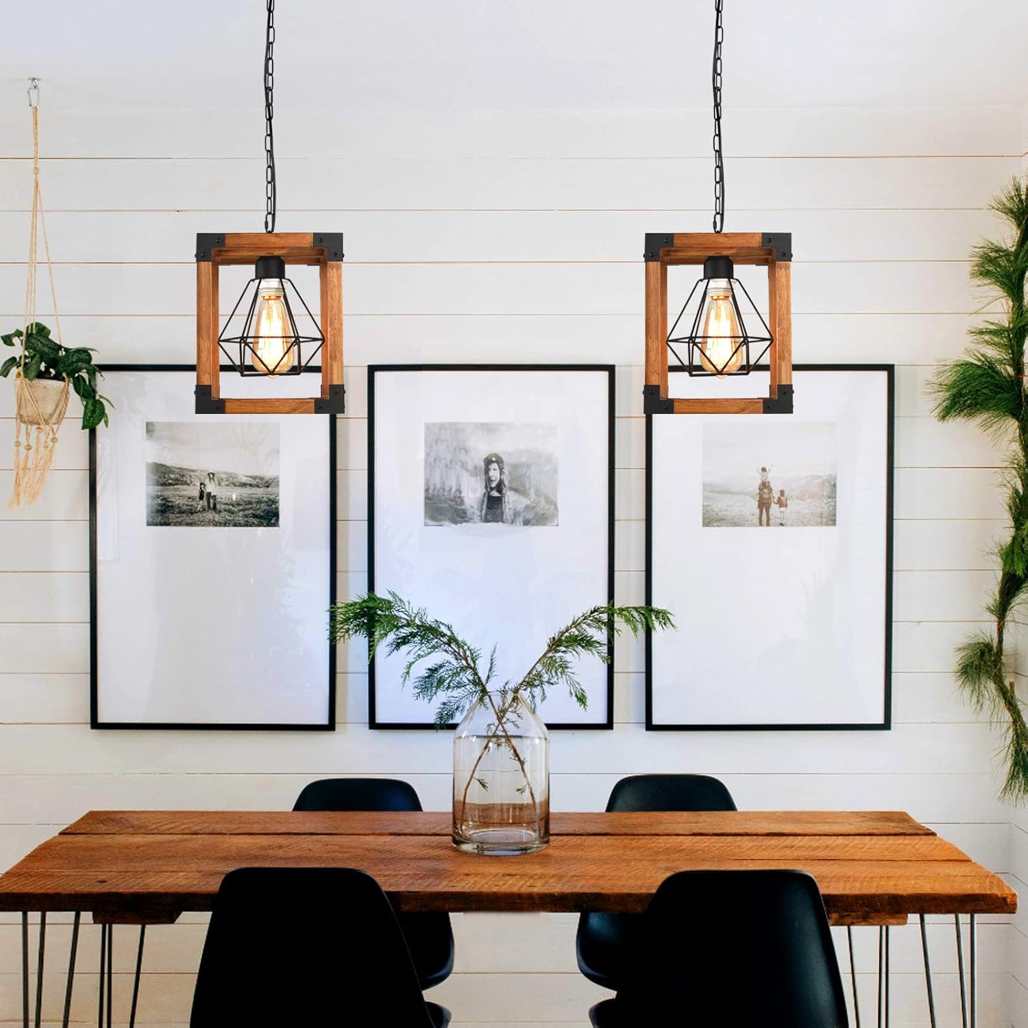 Flash Deals - 50% OFF DOHOMER Farmhouse Wood Pendant Light Metal Hanging Lighting Fixture with Oak Wood Finish, One-Light Adjustable Chains Rustic Pendant Lighting for Flat and Sloped Ceiling Kitchen Island Dining Cafe