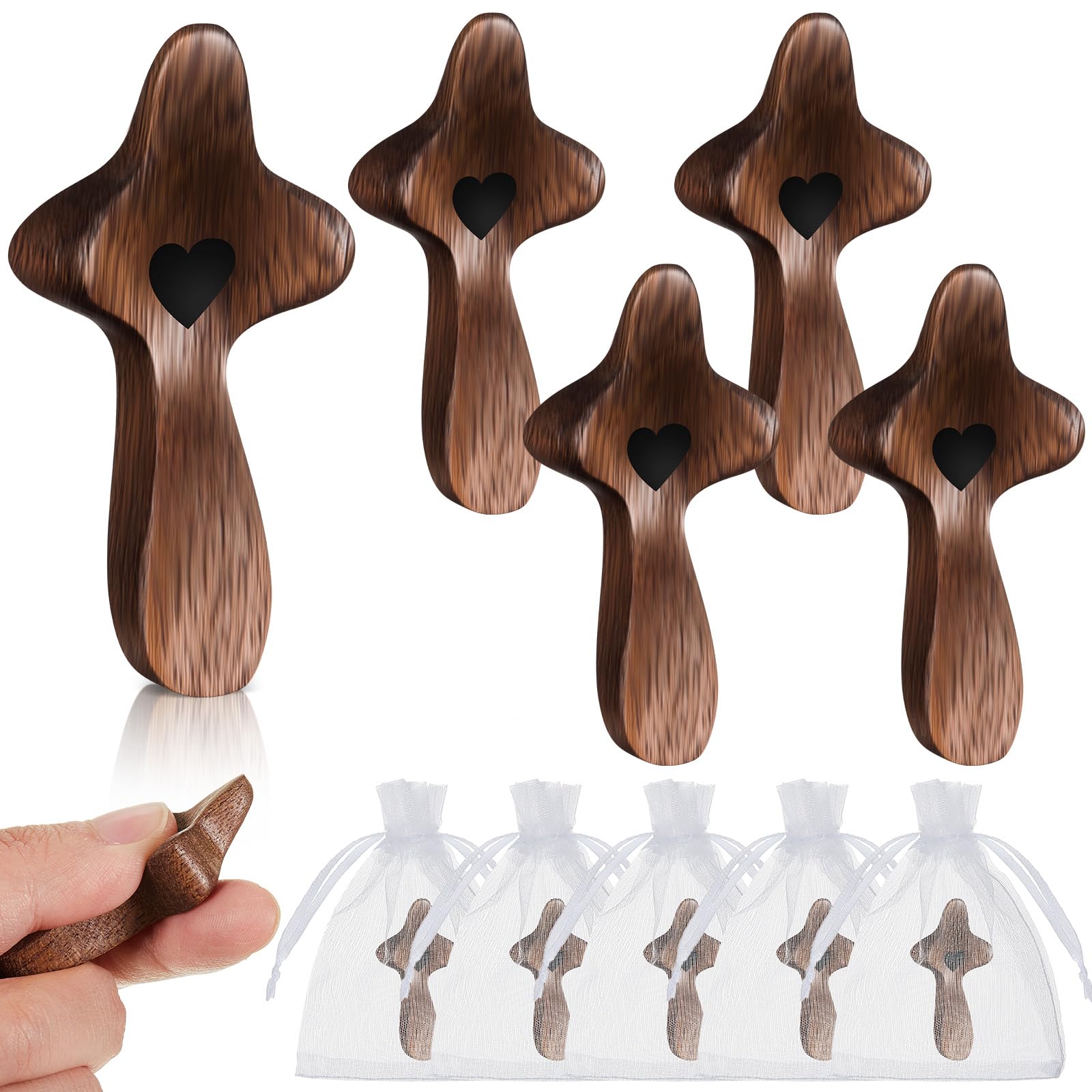 Threehoney 5 Pcs Wooden Cross Fidget Cross My Heart, Small Handheld Pocket Crosses in Bulk with Organza Bag Relief Fingertip Stress Christian Baptism First Communion Gift for Inspirational Prayer