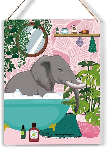Letrero de madera con diseño de elefante en la bañera, diseño de animales de la selva para baño, placa colgante rústica, arte de pared para el