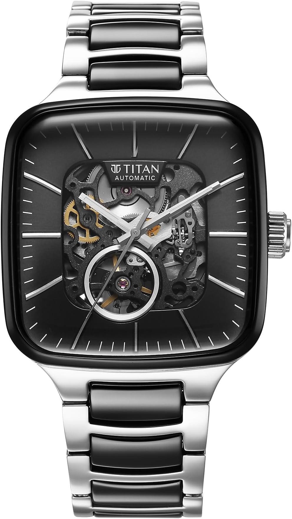 Titan Ceramic Fusion Automatic Black Dial Two Toned Silver Stainless Steel & Black Ceramic Strap Watch for Men - NT90175KD01