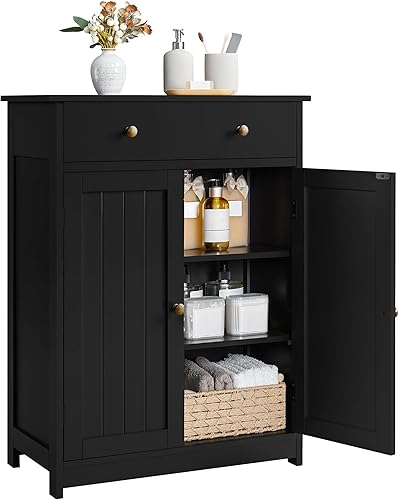 Yaheetech Armario de almacenamiento de baño con 1 cajón y 2 puertas, armario de piso de baño con estante ajustable, unidades de almacenamiento de