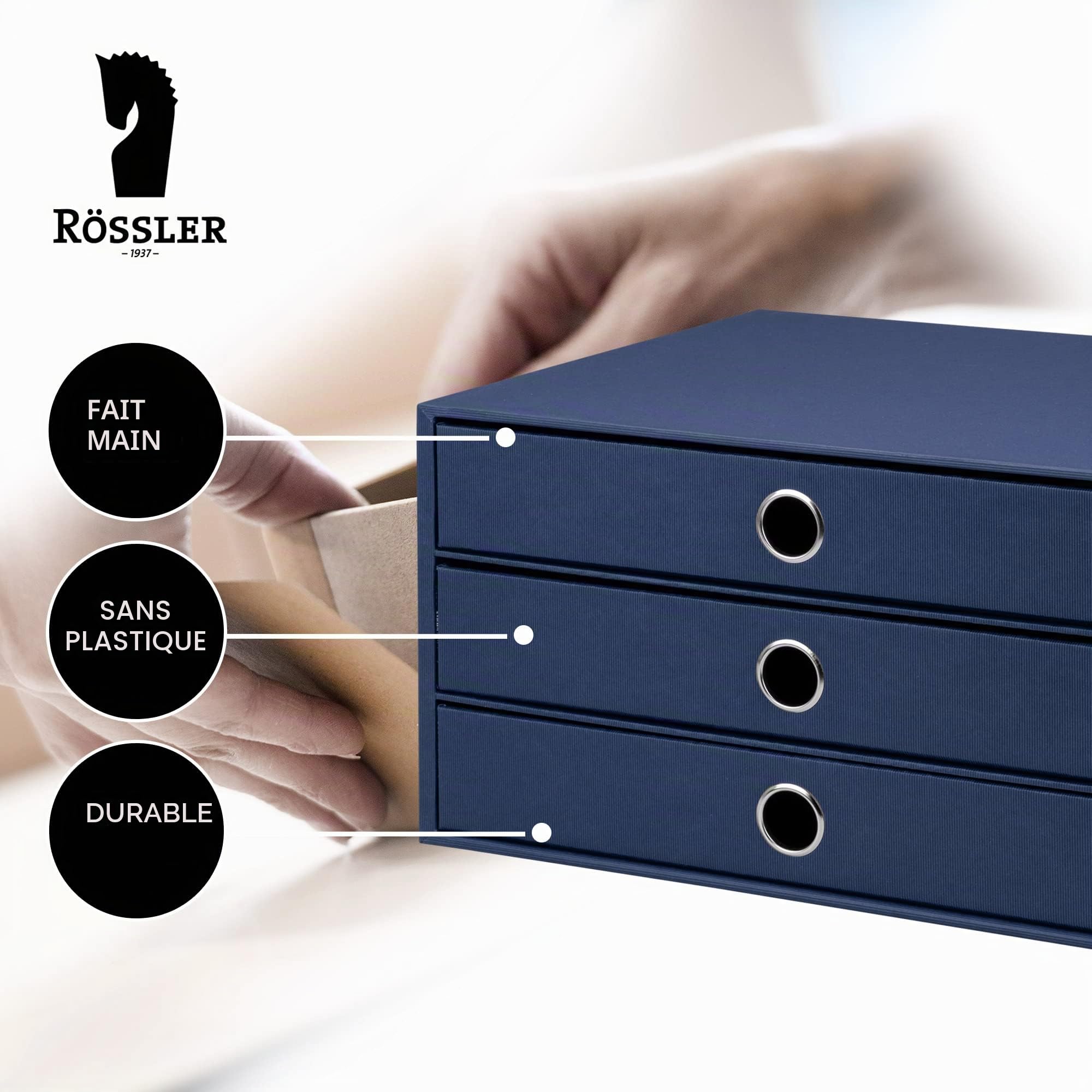Rössler Soho Petit meuble de rangement 3 tiroirs pour documents A4 Bleu marine | Organiseur de bureau pour documents, dossiers, fournitures de bureau et rangement organisé
