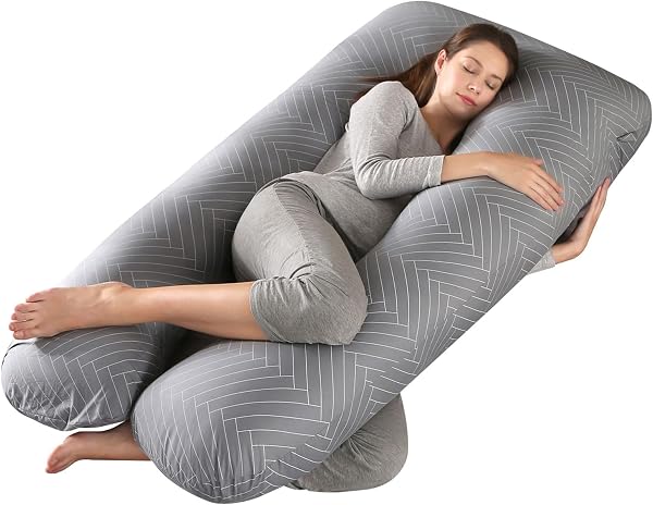 SHANNA Cuscino Gravidanza per Dormire, Cuscino Allattamento Neonato a Forma di U, 100% Cotone Cuscini per maternità e il Corpo Laterale con Federa Sfoderabile e Lavabile, 145 x 70cm(Grigio A Strisce) - 1