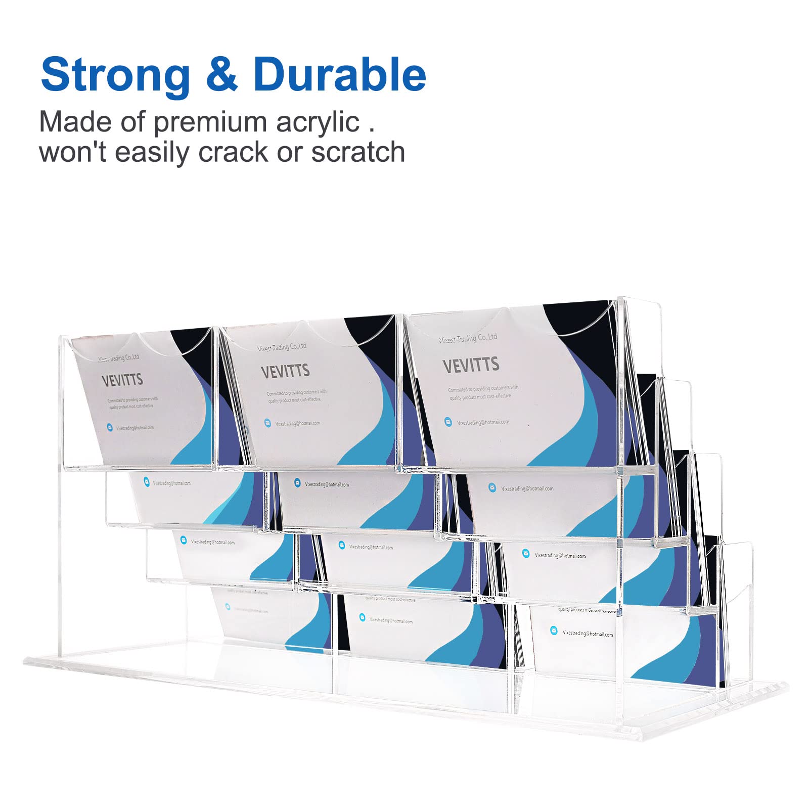 Vevitts Soporte acrílico para tarjetas de negocios para escritorio, 12 ranuras, 4 niveles, juego de soporte acrílico transparente para tarjetas de visita, capacidad para aproximadamente 600 tarjetas