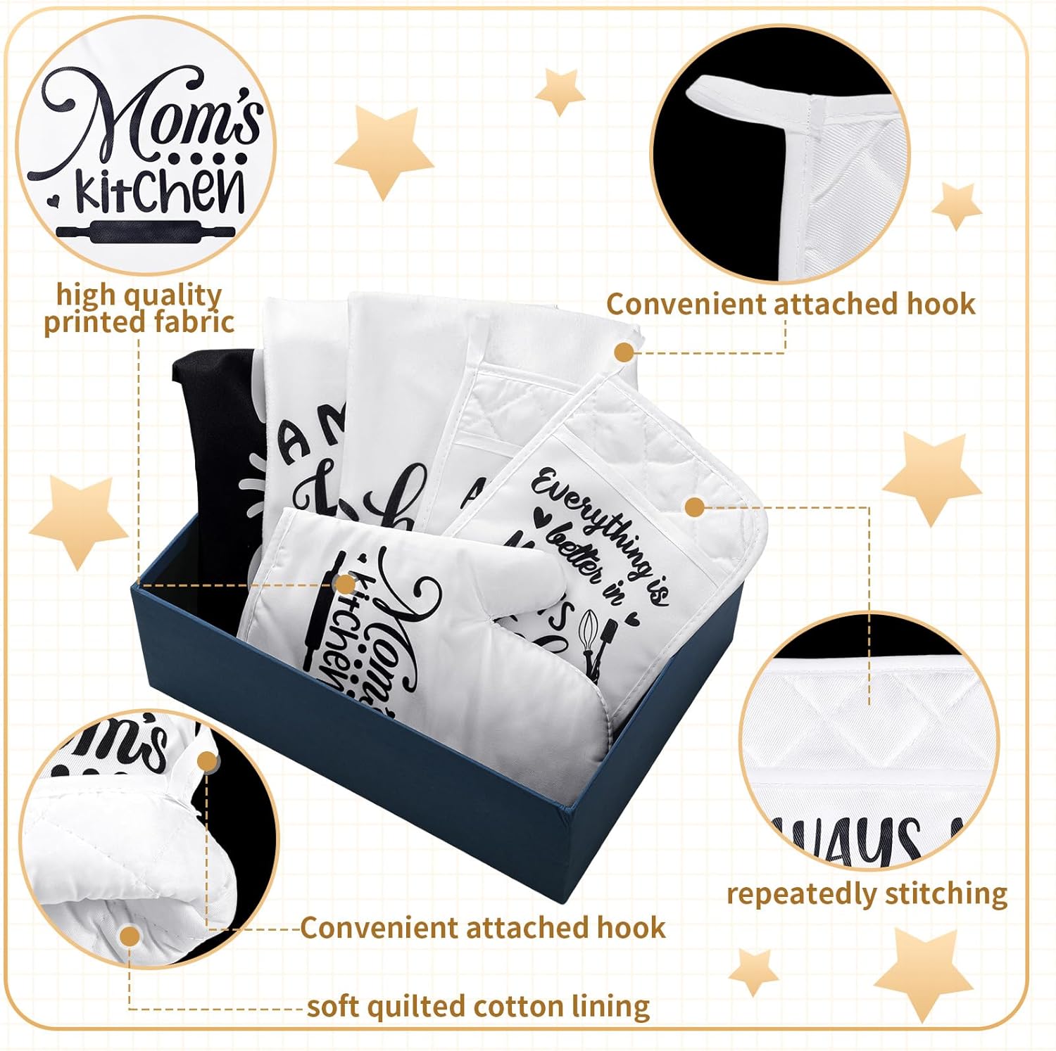 Shinymoon Mom Gift Kitchen Gifts from Daughter Son Include 2 Kitchen Towels, 1 Apron, 2 Oven Pads Pot Holder and Oven Mitt for Mom Mother's Day Birthday Housewarming Decoration