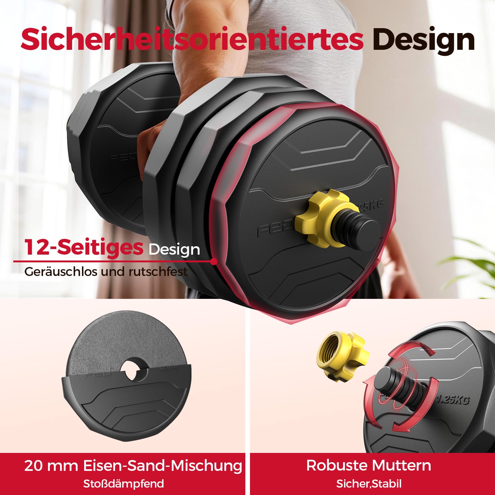 FEIERDUN 20/25/30/40KG Hanteln Verstellbar 2er Set, 12-Seitiger Rollschutz, 5-in-1 Dumbbell Set, Langhantel, Kettlebell, Liegestützständer für Ganzkörpertraining, Krafttraining für Männer und Frauen