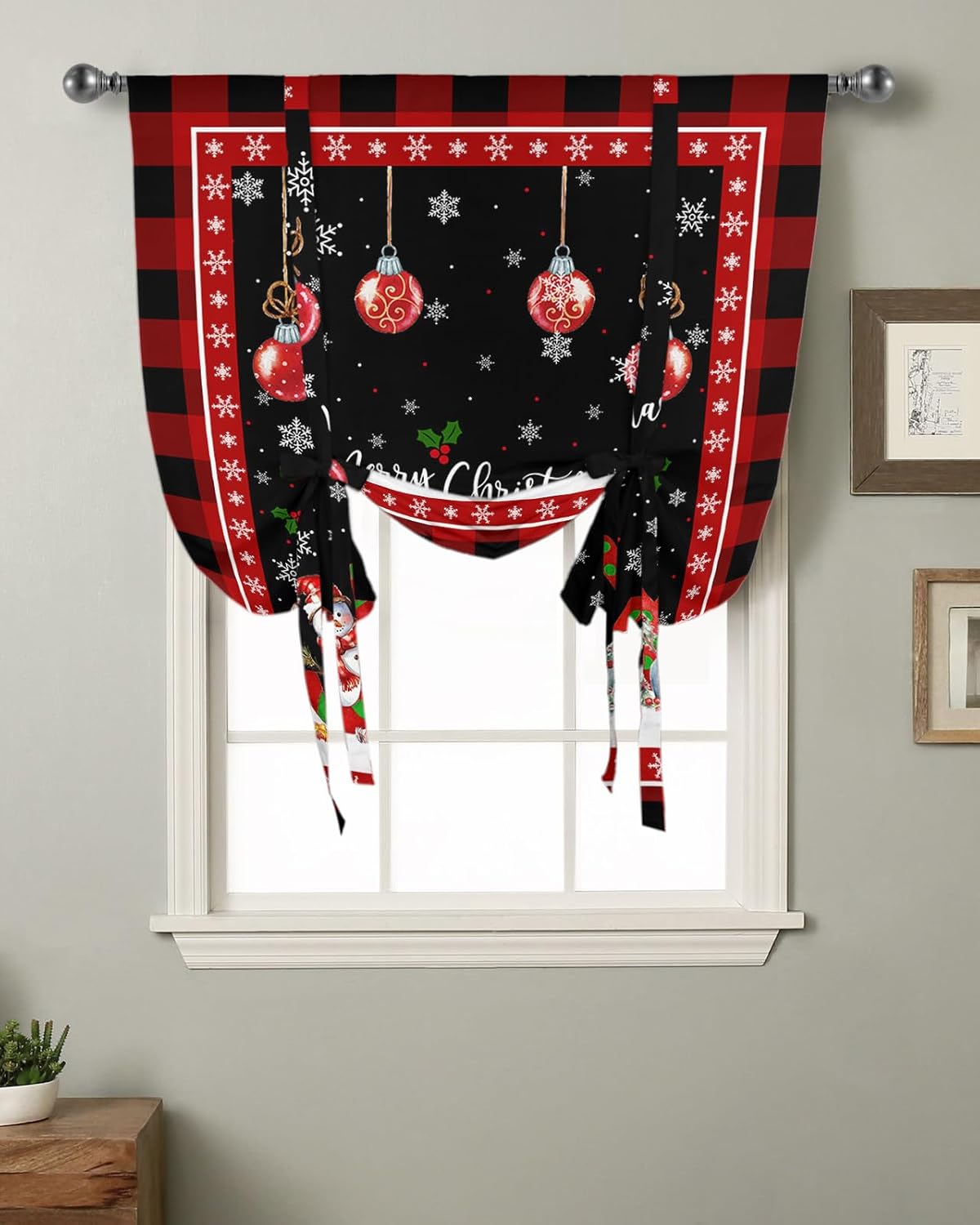 Snowman Tie Up Curtains for Kitchen Bathroom Bedroom Windows 45 Inch Length, Balloon Drape Curtains Shade Rod Pocket Drapery Curtain Christmas Snowflake Berry Red Black 1 Panel, 42"x54"