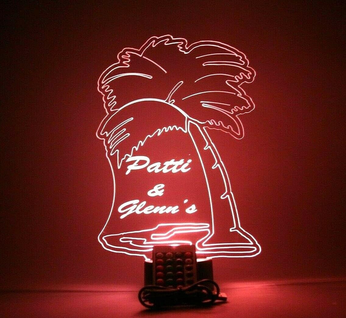 MIRROR MANIA Palm Tree Sunny Warm Paradise Night Light Up Table Desk Lamp LED Personalized Home Room Decor - It's Wow, with Remote, 16 Color Options, Dimmer, Free Engraved, Great Gift
