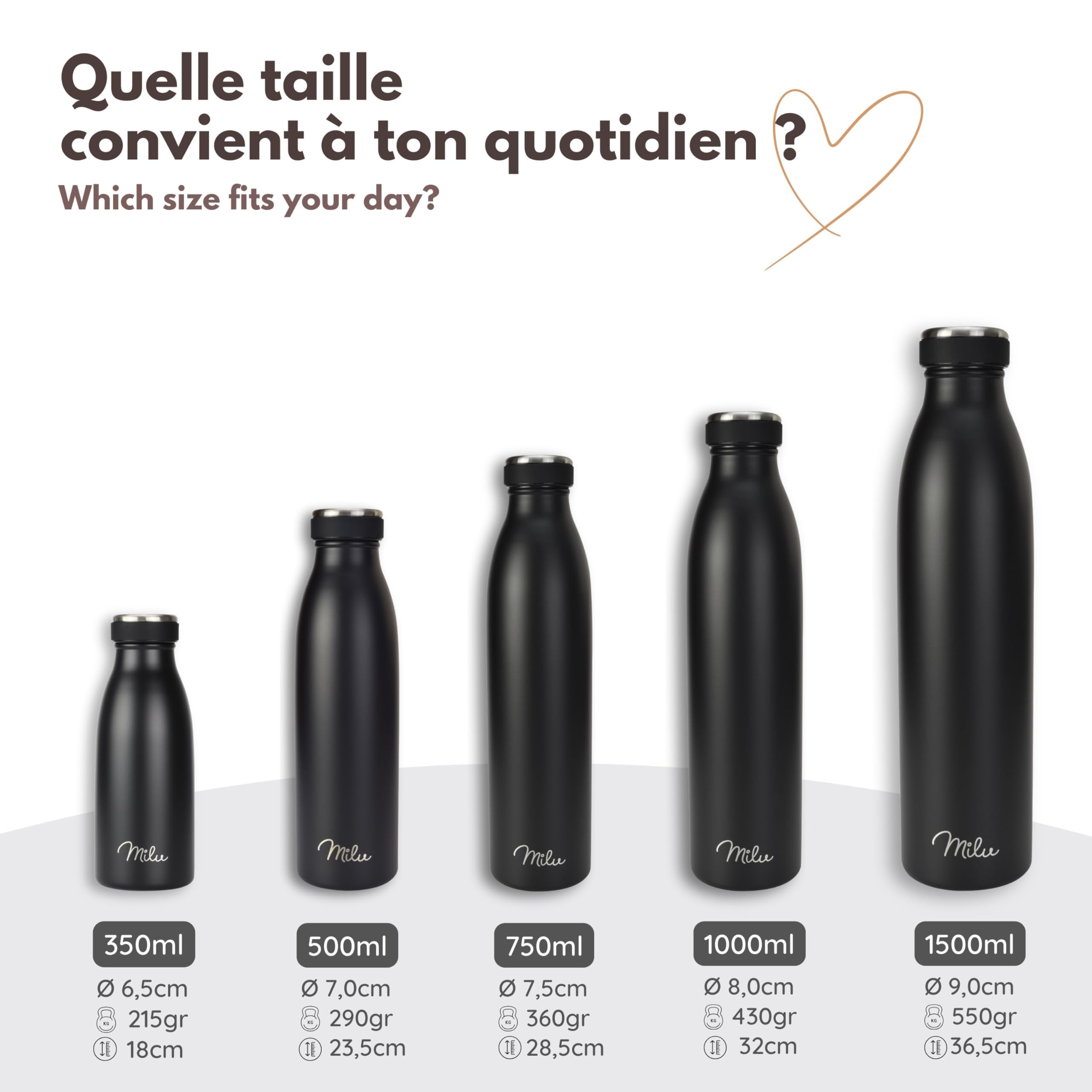600ml/800ml/1000ml/1500ml/2000ml Nouveau Design Bouteille d'eau en acier inoxyda