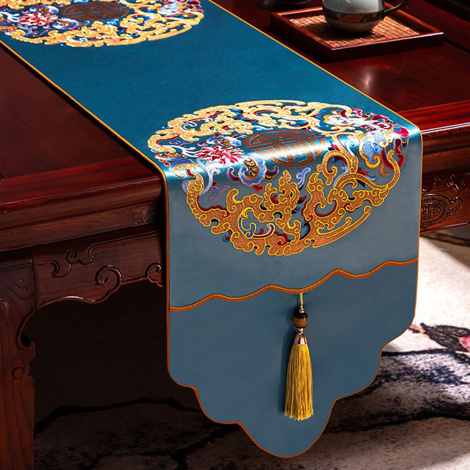 Vintage Chinese Satin Table Runner, Embroidered Fu with Tassels, Rustic Home Decor Scarf for Dining Table Tea Cabinet Dresser(Blue,220cm/86.6in)