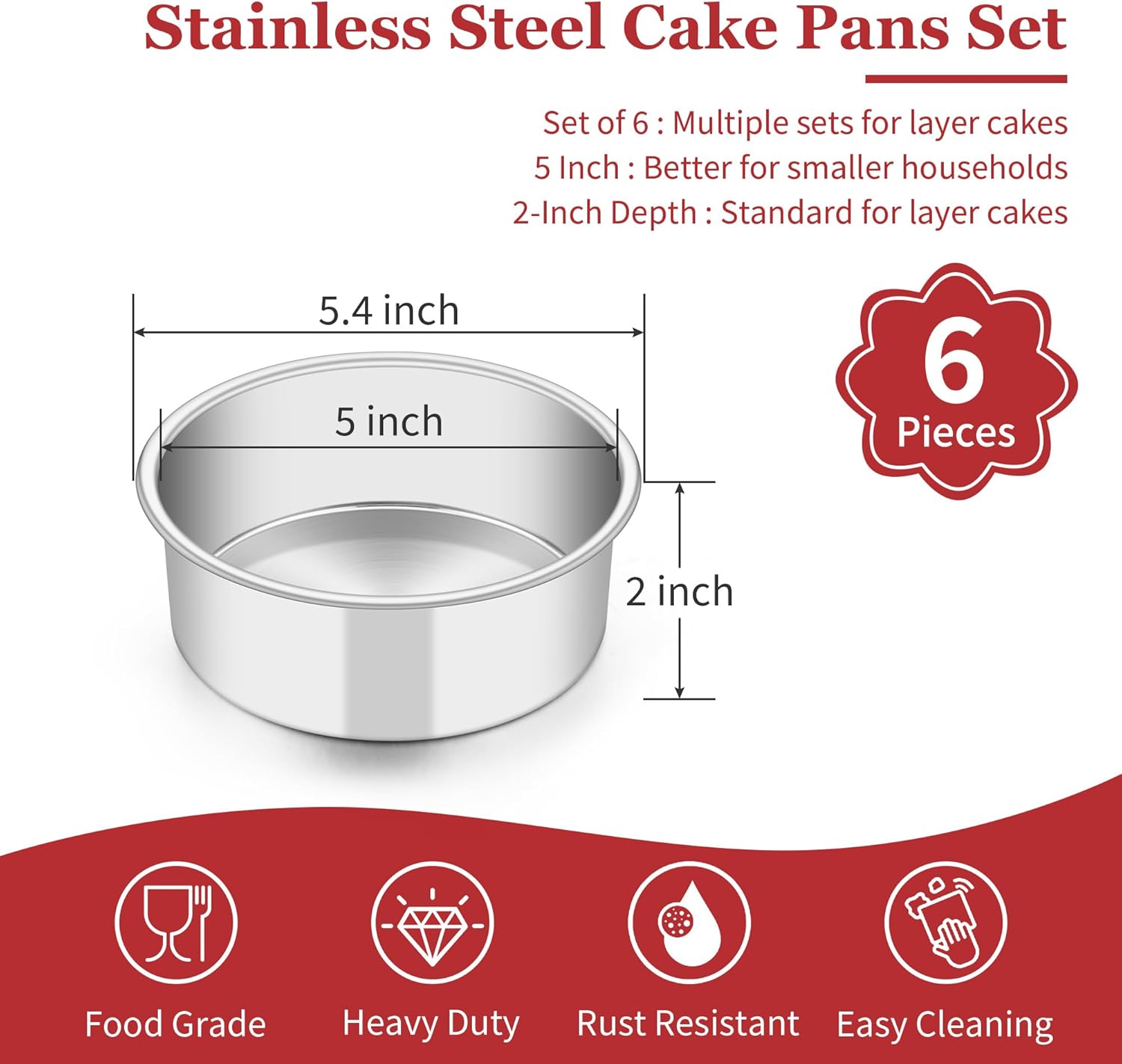 TeamFar 5 Inch Cake Pan Set of 6, Stainless Steel Small Layer Cake Baking Pans Tins, Round Bakeware for Birthday Wedding Party, Non-Toxic & Healthy, Mirror Finish & Dishwasher Safe