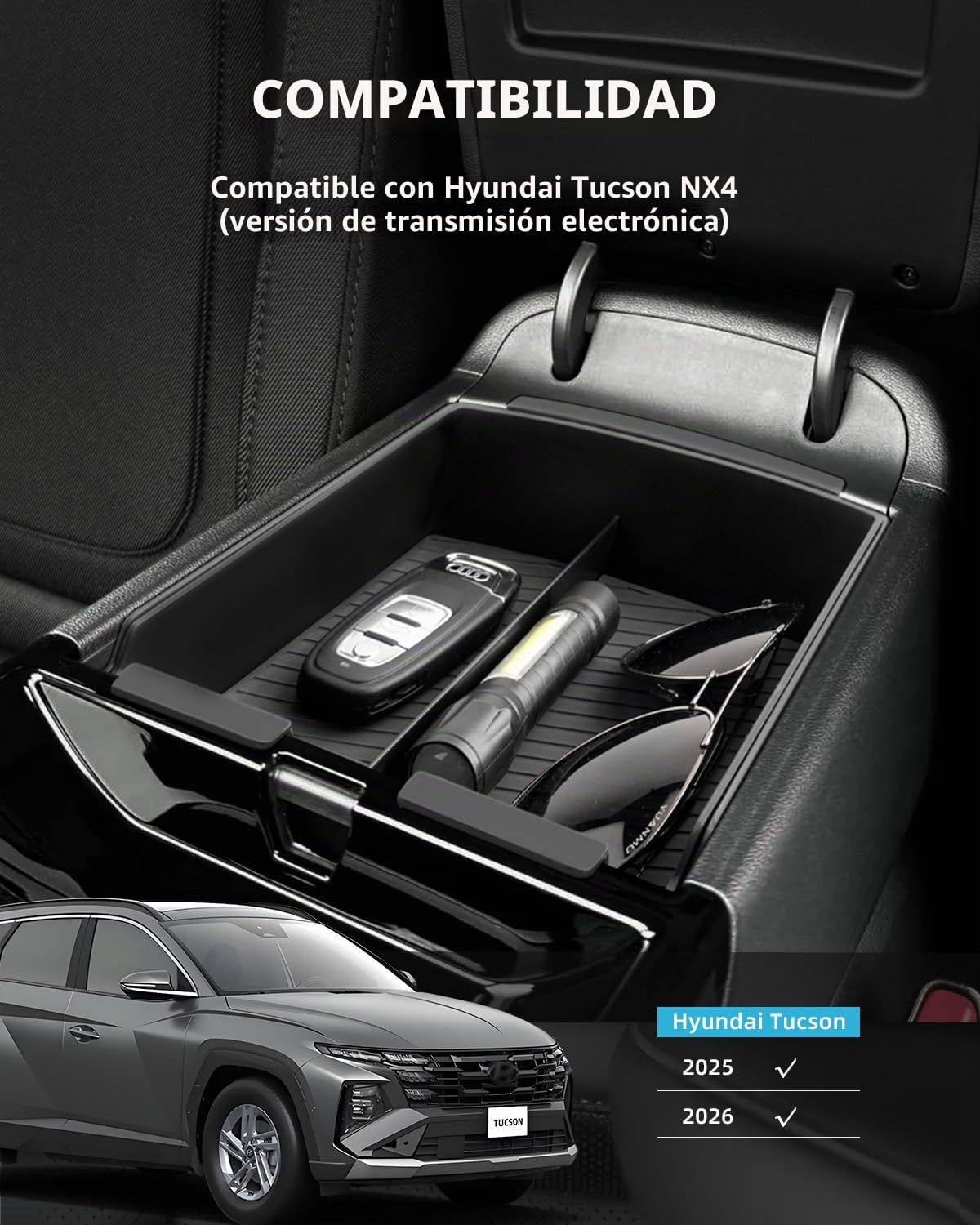 2Pcs Apoyabrazos Organizador para Hyundai Tucson NX4 2025 2026, Caja Almacenamiento Consola Central con Alfombrillas, Bandeja de Reposabrazos para Tucson NX4 (Transmisión Electrónico)