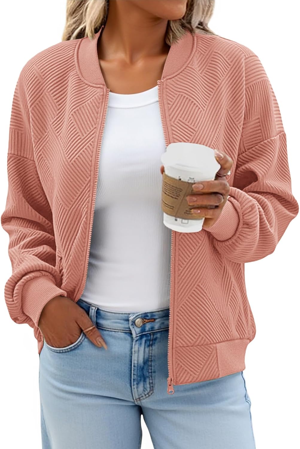 Tankaneo Womens Bomber Jacket Zip Up Casual Jackets Lightweight Trendy Outerwear Coat with Pockets