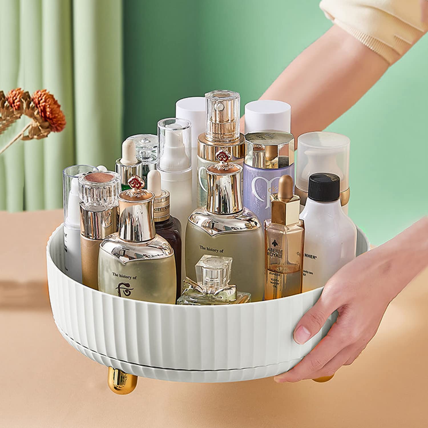 Organizadores de cosméticos giratorios, rotación de 360° de maquillaje para escritorio, lociones de almacenamiento, bandeja de perfume redonda con gran capacidad para joyas, frutas,