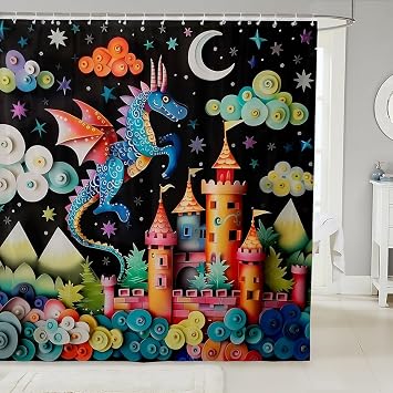 Flying Dinosaur Shower Curtain Colorful Cartoon Castle Trees Bathroom Curtain for Kids Boys Girls Teens Geometric Spiral Cute Animal Hippie Bath Curtain for Bathtub with 12 Hooks 72" W x 78" L