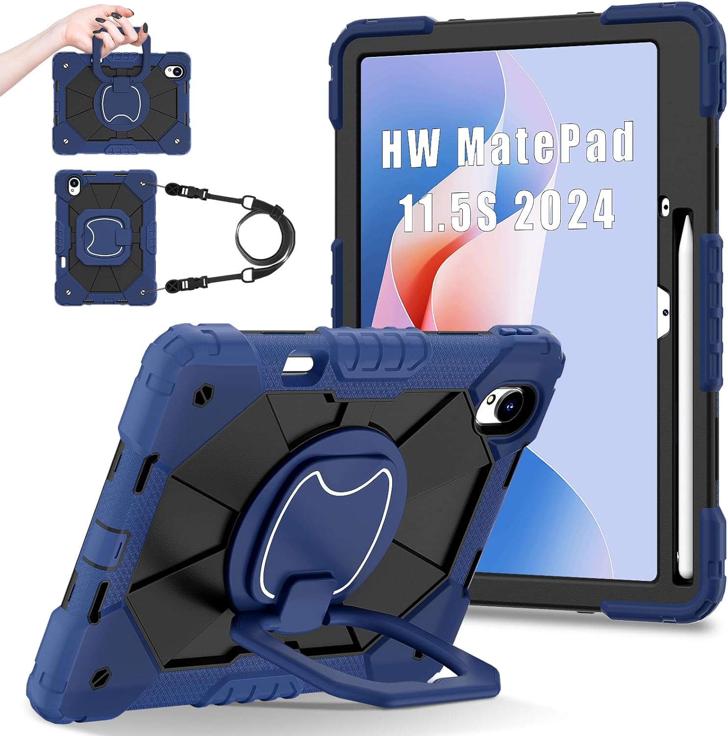 Shoulder Strap Tablet Case for Huawei MatePad 11.5 S/11.5 inch TGR-W09, Heavy Duty Shockproof Protective Cover with Kickstand, Handle, Shoulder Strap for Kids Women Man Navy Blue Black