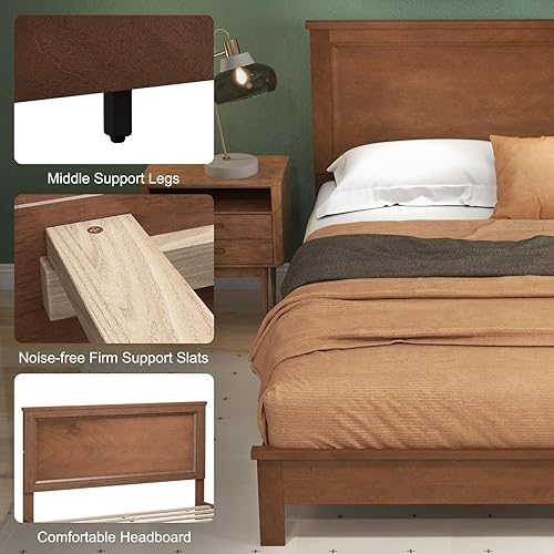 Miniatura 6 de Giantex Base de cama de plataforma de madera tamaño Queen con cabecero de nogal, marco de cama de mediados de siglo con patas de madera maciza y