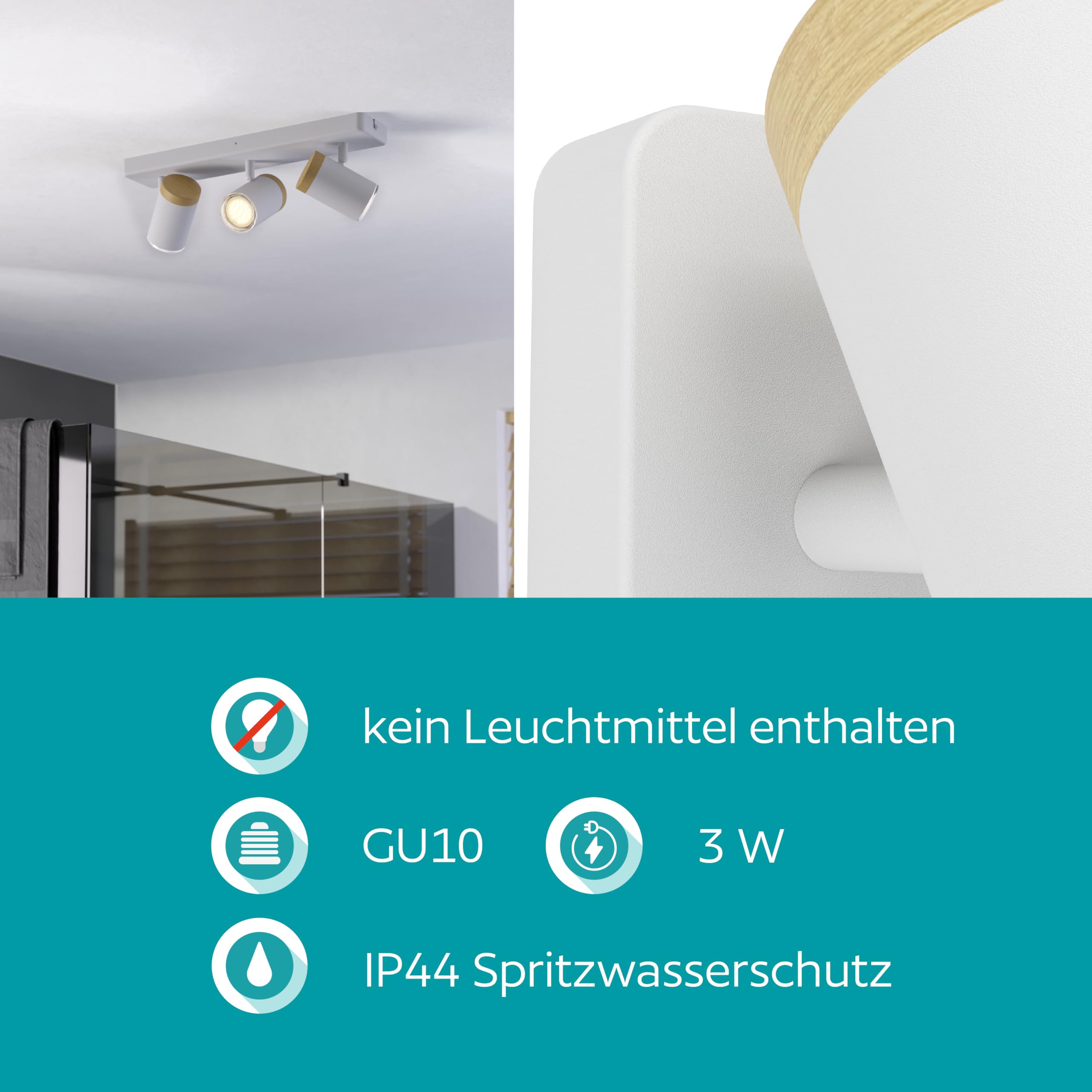 EGLO Deckenlampe 3-flammig Consuma Deckenstrahler | für Wohnzimmer und Badezimmer, Deckenleuchte mit 3 Spots, Holz und Stahl in Weiß, GU10 Fassung, IP44