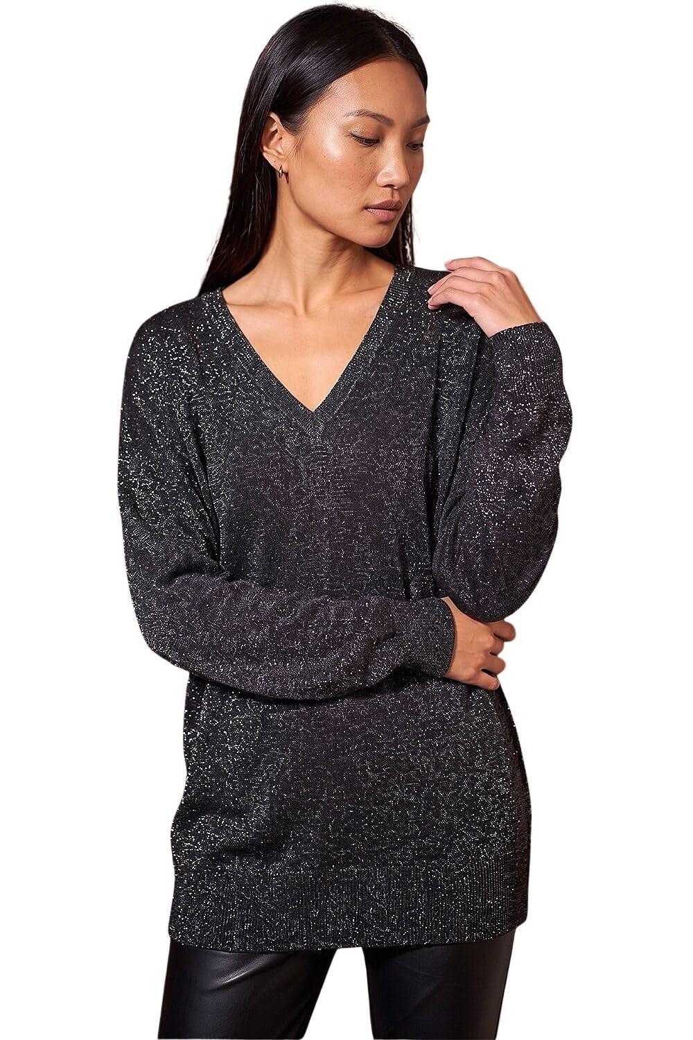 Roman Originals Women's Plain Black Roman V-Neck Jumper For Uk Boyfriend Fit Slouch Sweater Winter Autumn Textured Casual Flattering Knit Pullover Knitwear Daywear Lightweight Lounge - Size 16