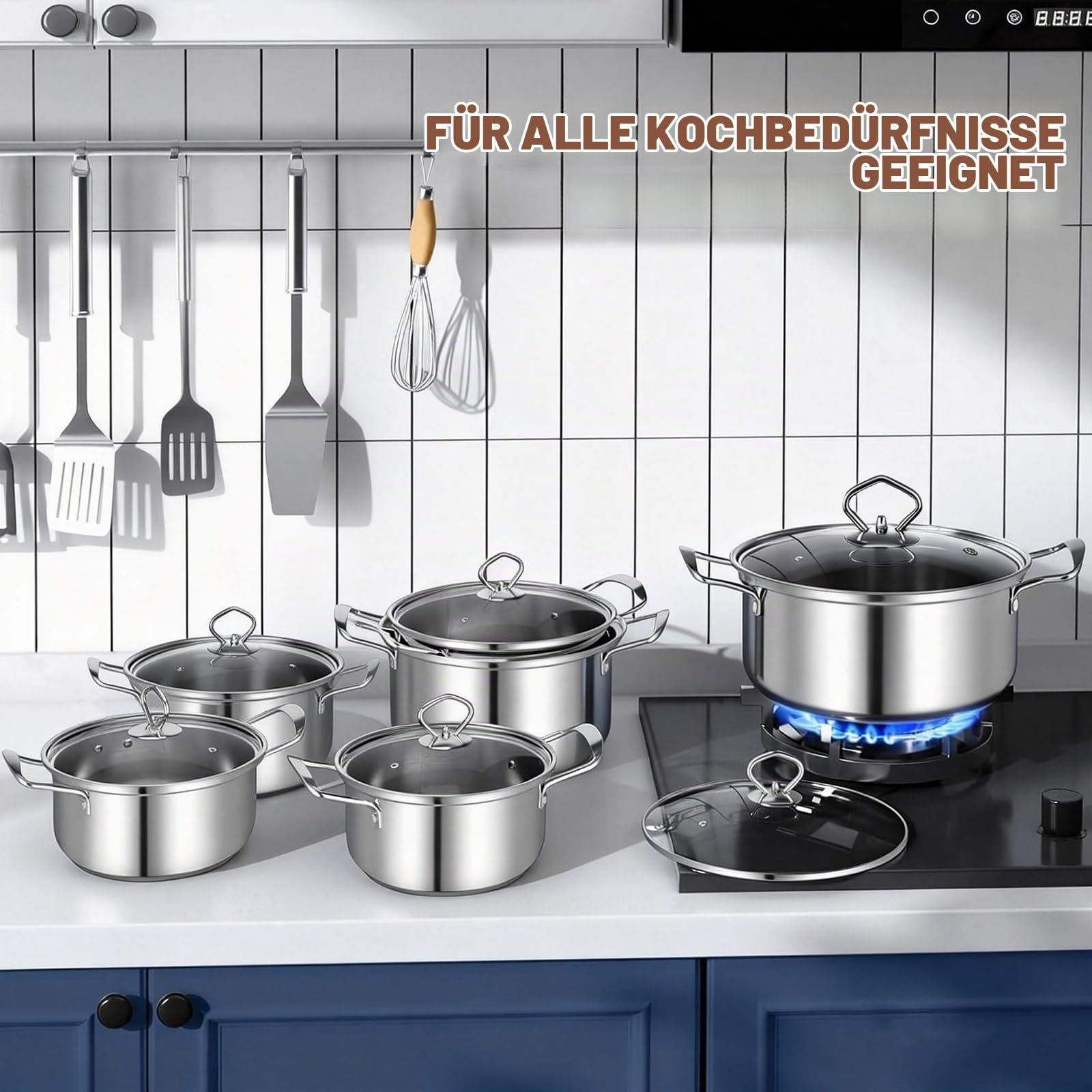 Topfset Induktion 10-Teilig, Topfset aus Edelstahl mit Glasdeckel und Stielkasserolle, Induktions Töpfe set, für alle Herdarten, unbeschichtet,Induktion Topf Kochtopf Set,Silber