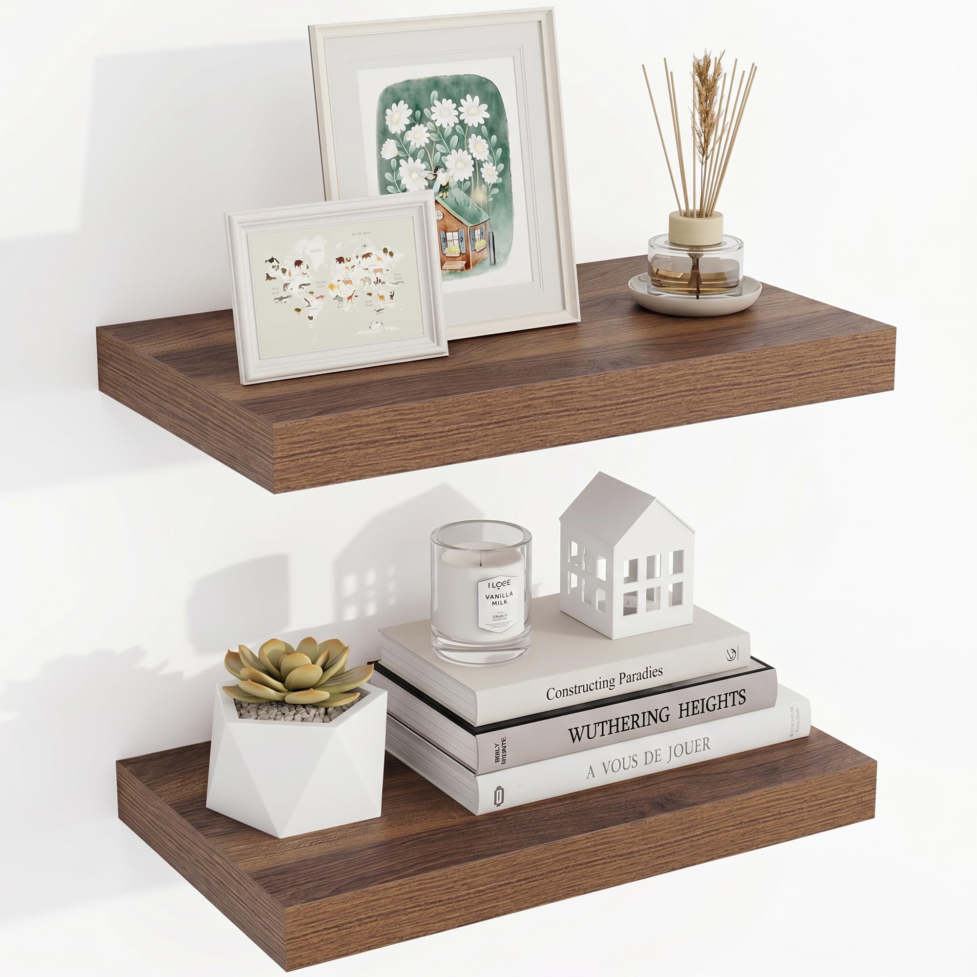 Acovy Floating Shelves for Wall, 23.5cm Extra Deep 40cm Long Wooden Wall Mounted Shelf, Wall Shelves for Living Room Bathroom Bedroom Kitchen, Walnut, Set of 2