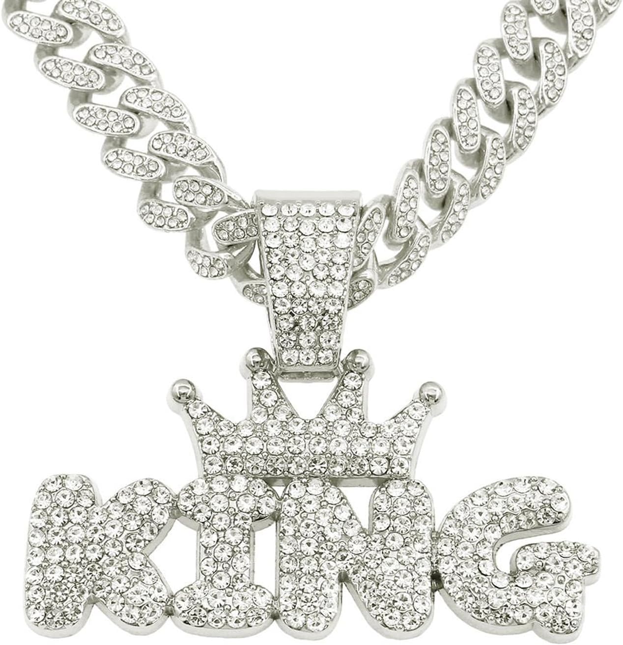 20Inch Cuban Link Chain for Men,Silver Plated Bling Hip Hop Necklace,Miami Diamond KING Pendant Necklace,Iced Out Hip Hop Jewelry Gift for Men & Women