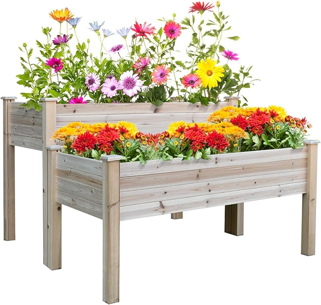 Outsunny 76H x 115L x 114Wcm 2-Piece Solid Fir Wood Plant Raised Bed Flower Vegetable Herb Grow Box Stand Garden Step Planter Stand Free Combination