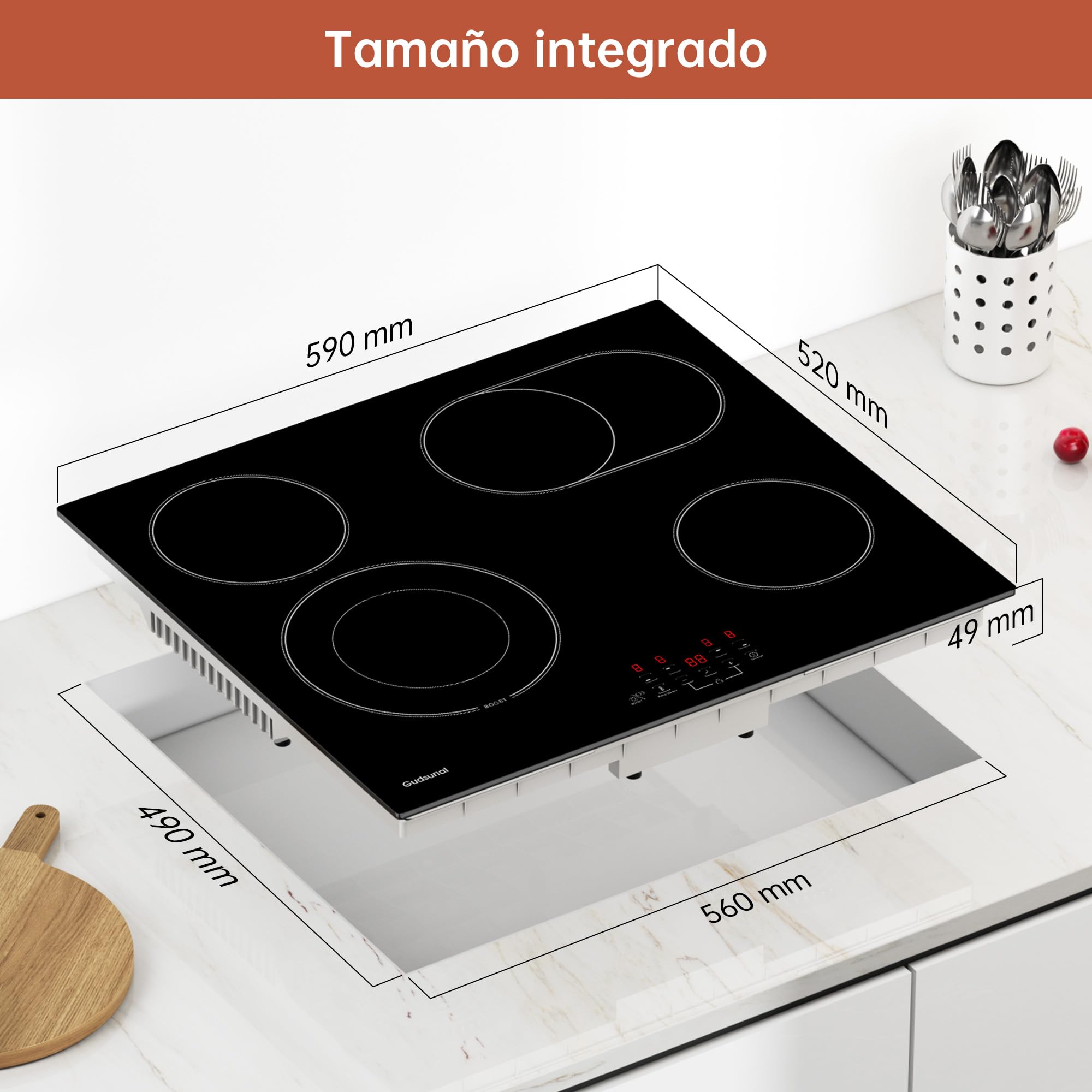 Placa vitrocerámica de 60 cm con 4 placas, 6,6 kW, zona de tostado, zona de cocción doble, 9 niveles de calor, temporizador, apagado automático, seguridad infantil, 4 placas de cocción