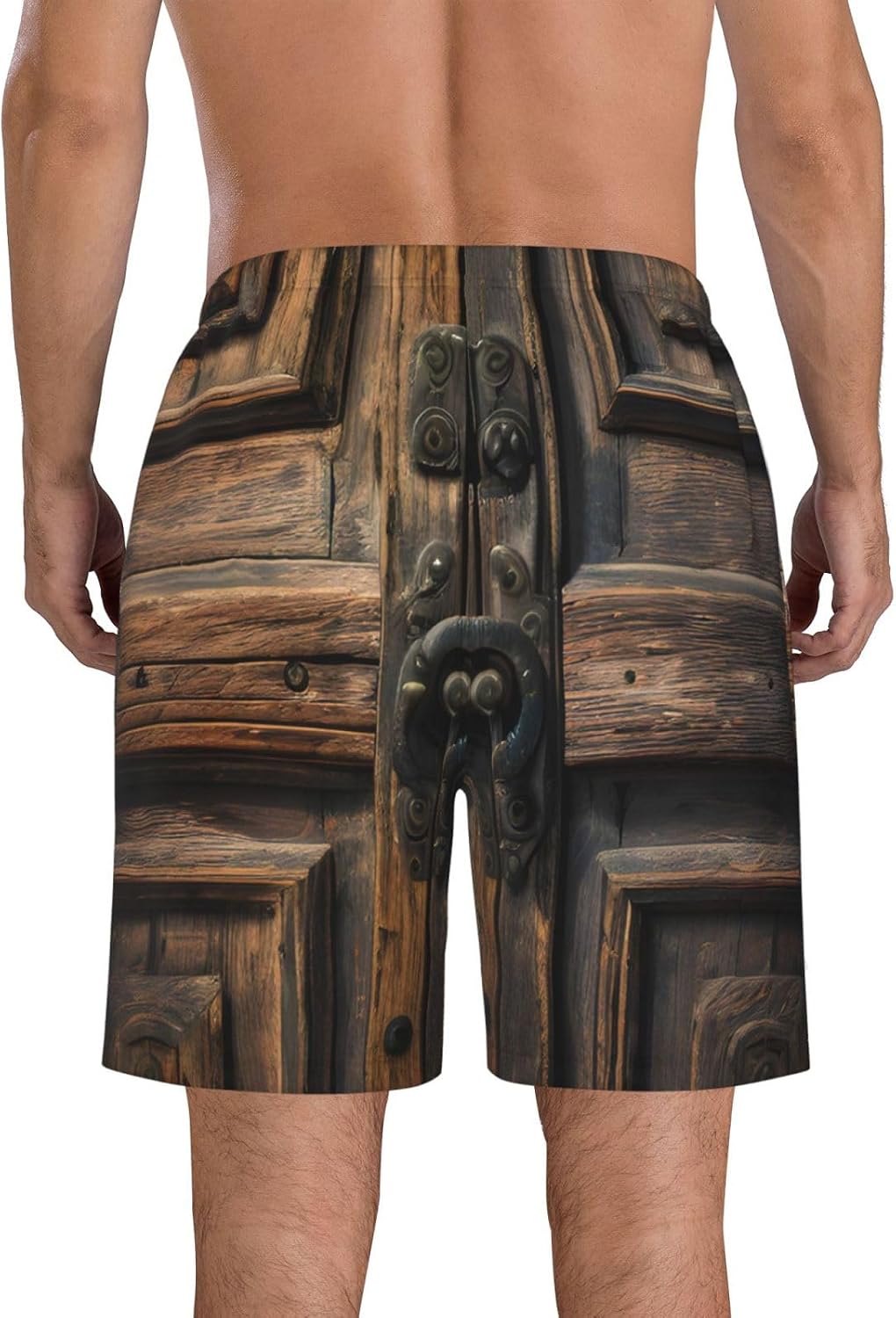 Mens Rustic Antique Wooden Door Print Beach Shorts,Casual Summer Shorts for Men,Quick Dry Polyester