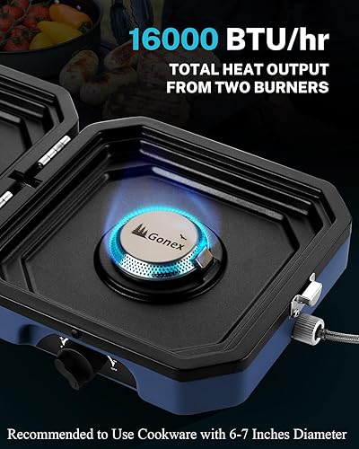 Miniatura 3 de Gonex Estufa de camping con plancha y rejillas de 2 quemadores, estufa de cocina plegable portátil con un total de 16,000 BTU, dos quemadores