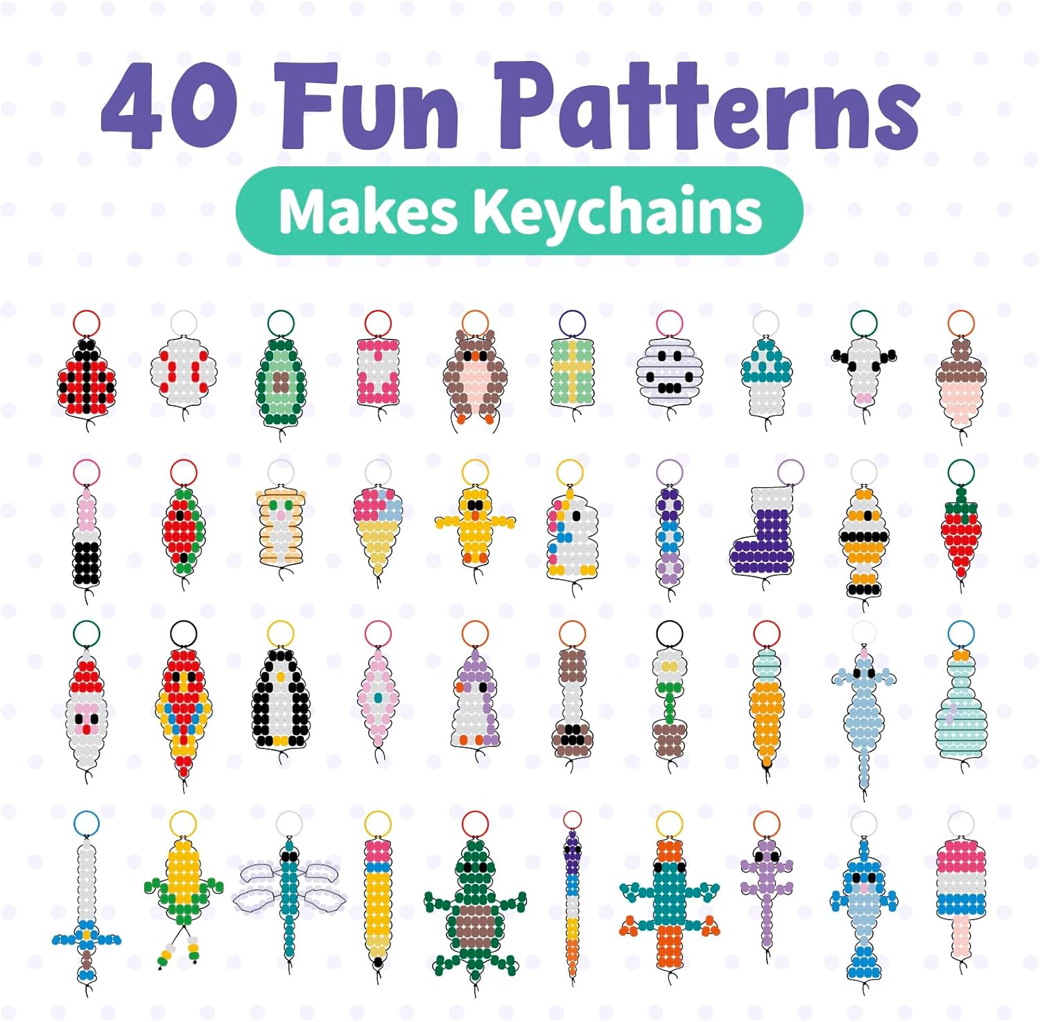 Eenua Pony Bead Pets Keychain Making Kit 1800 Beads in 21 Colors 40 Fun Designs DIY Craft Set with Keychains Elastic Cord Storage Box Perfect Christmas, Birthday Party Gifts for Beginners image 2