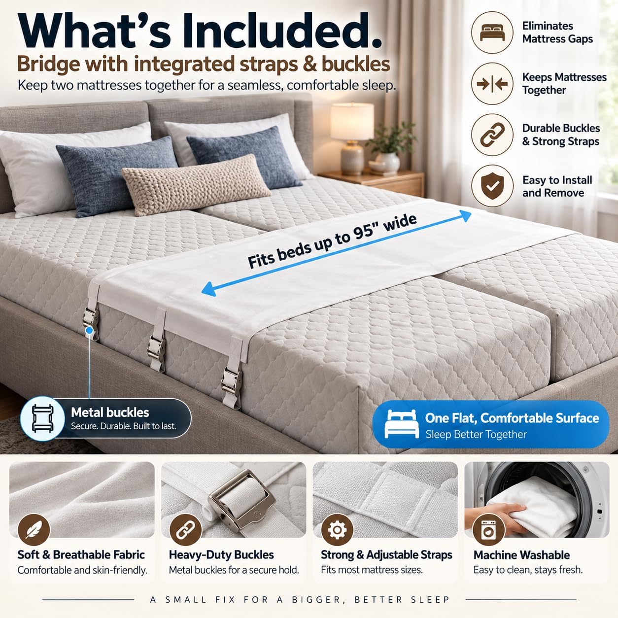 Twin to King Bed Converter, Bed Bridge Mattress Connector with 3 Adjustable Straps and Metal Buckles, Split King Gap Filler for Two Twin Beds, Polyester Mattress Joiner for Guest Room