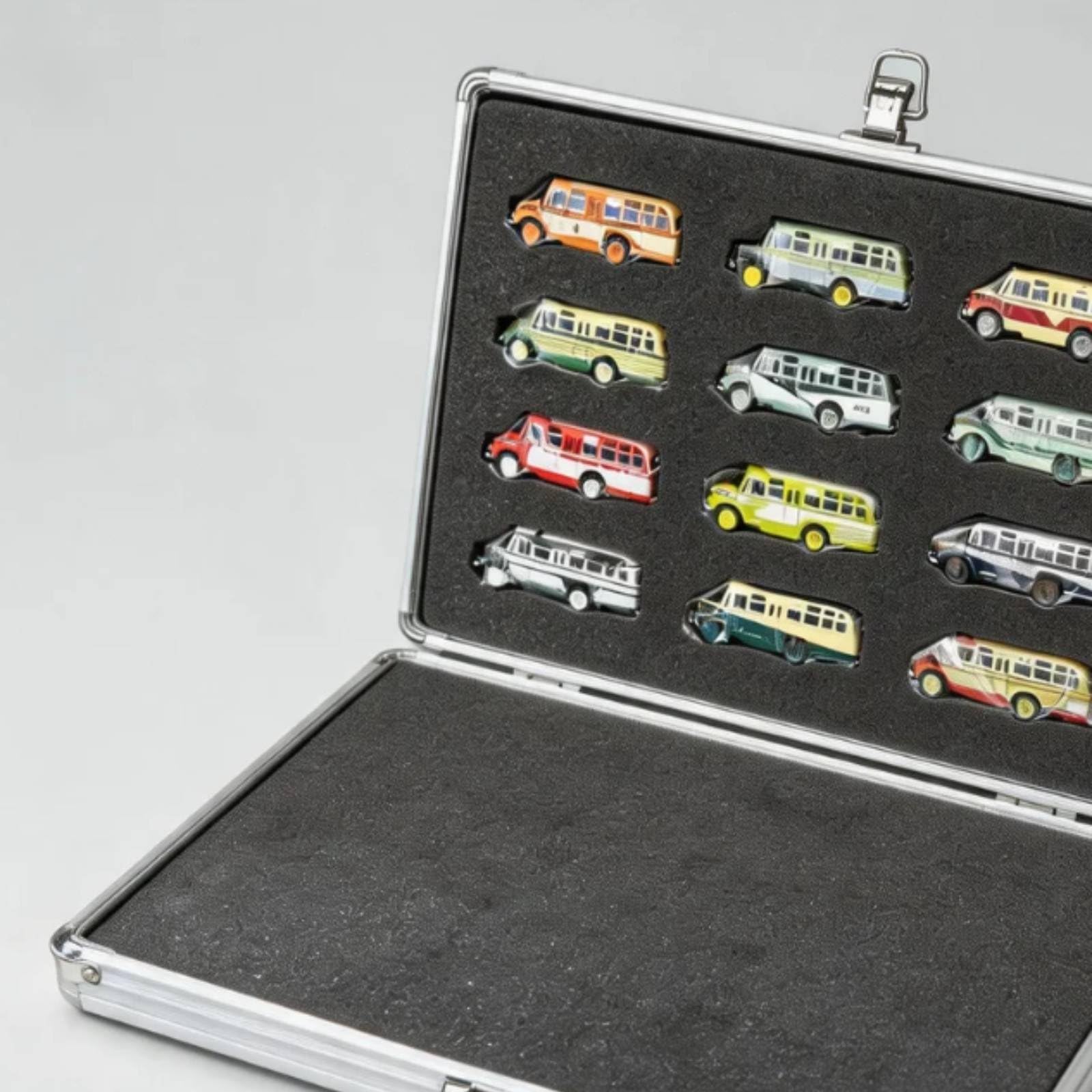 Milageto 12 Pezzi Modello Autobus in Lega Collezionabile Veicolo in Miniatura Diecast con Custodia in Alluminio Imbottita Adatto per Esposizione Scaffale Ufficio Collezione