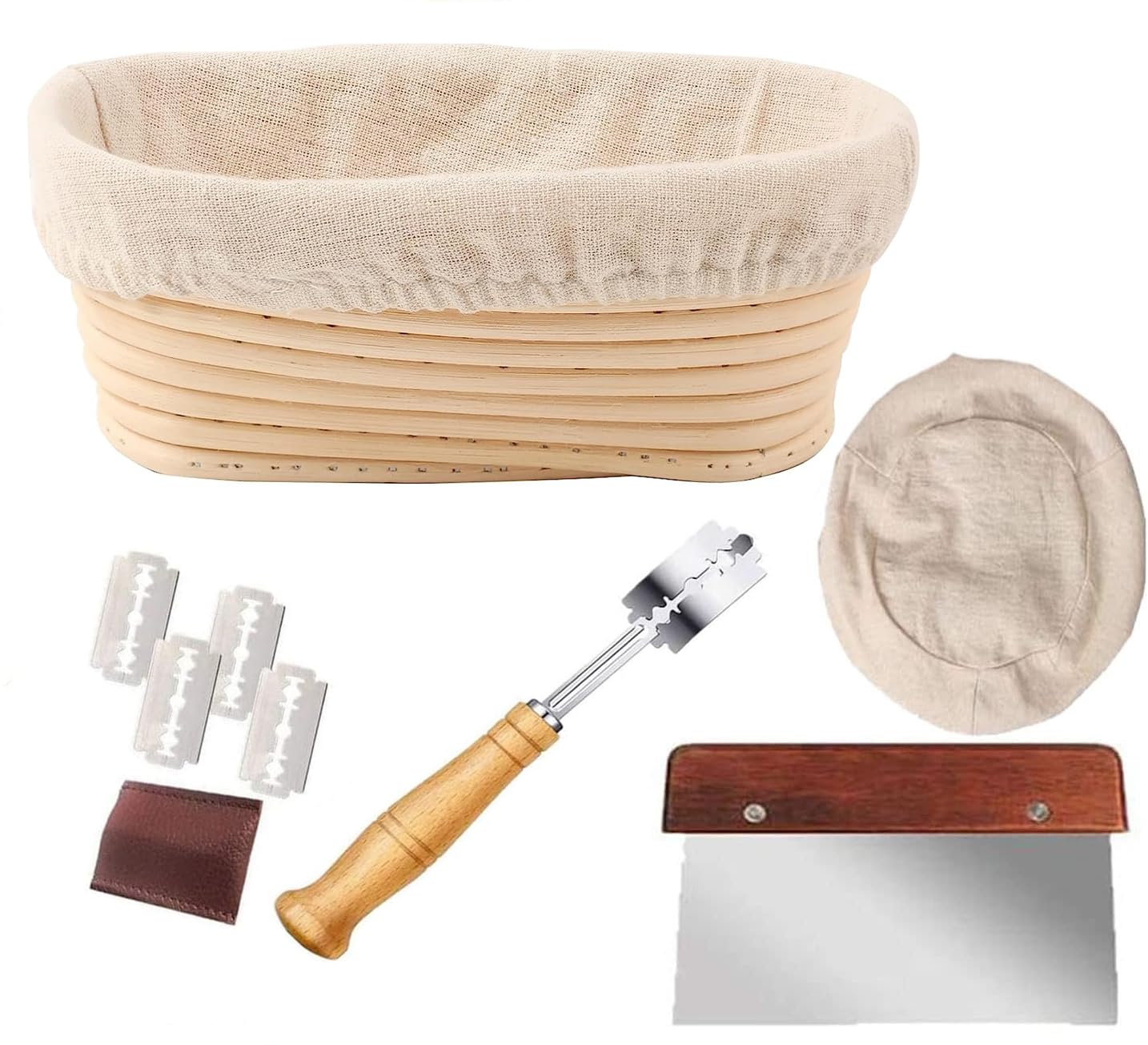 Corbeille Fermentation Naturelle Kit Pain Maison - 2 Bannetons Ronds 23cm + Lame + Grattoirs - Pour Levain Et Levure Kit Boulangerie Maison