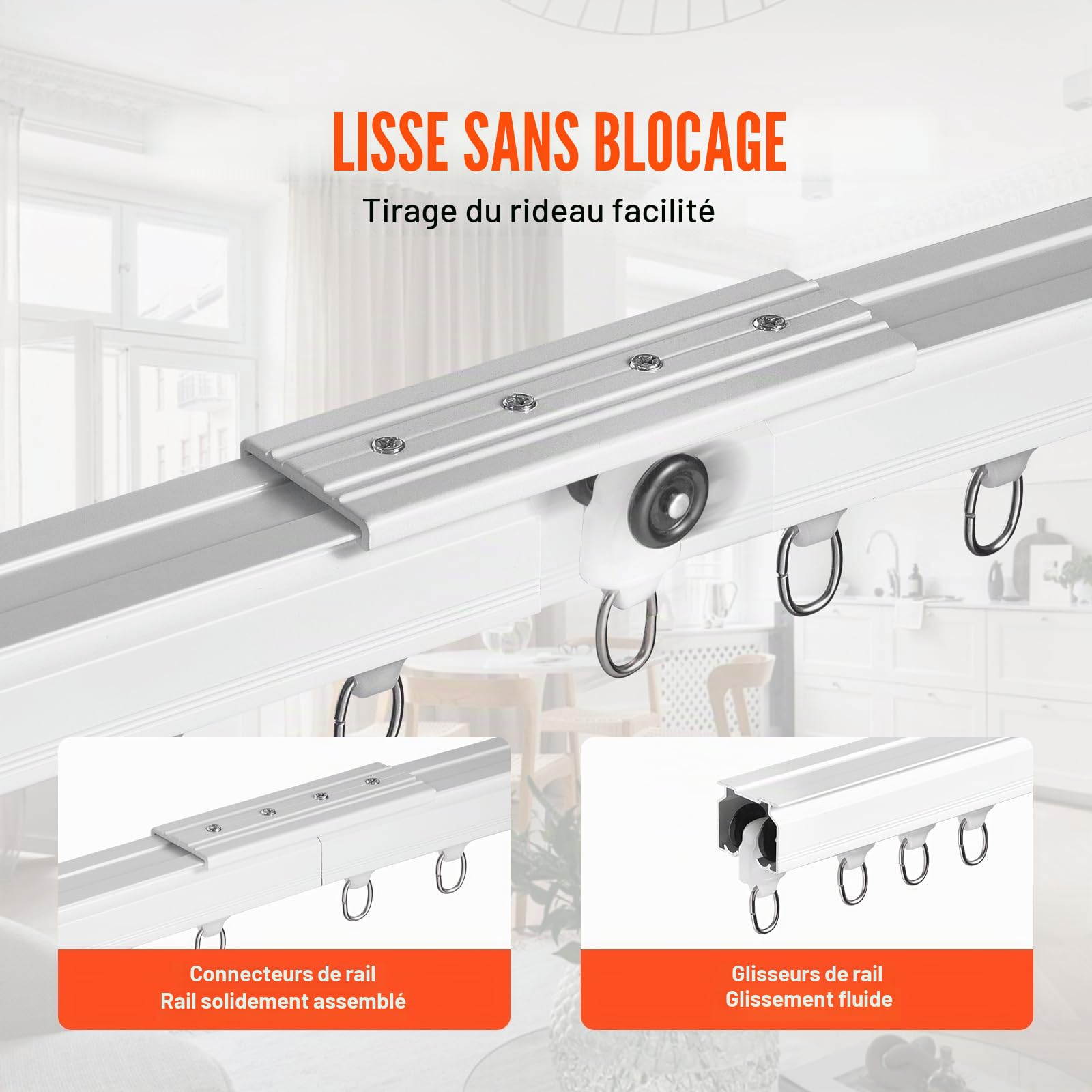 VEVOR Ensemble de rails de rideaux de plafond, 5,4 m, système de rails de plafond coulissants pour rideaux, séparateur de pièce fixé au plafond/au mur pour chambre avec crochets, quincaillerie, blanc