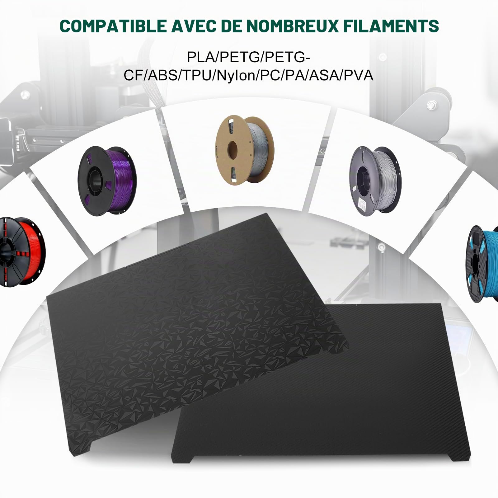 Plaque de Plateforme Texturée Double Face pour Creality K2 Plus Combo,370x370mm Acier à Ressort Élastique,Haute Adhérence PEO-PET Compatible PLA ABS PETG TPU Usage Professionnel et Modélisation