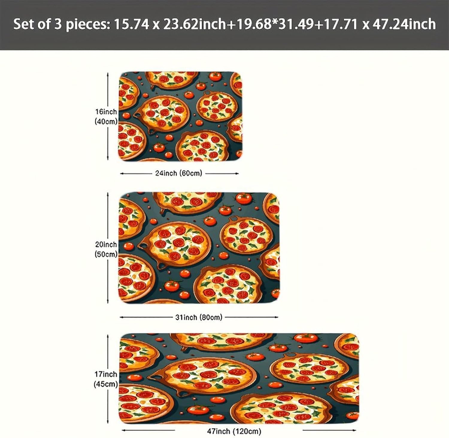 Pizza Food Kitchen Rugs Sets of 3 Non Slip Kitchen Mats for Floor Farmhouse Kitchen Sink Mat Thick Comfort Standing Mat for Laundry Room Hallway Bathroom