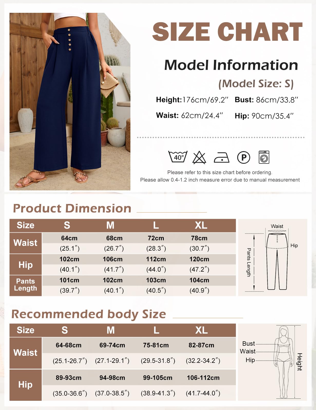 TOMEEK Pantalon Fluide Femme Eté Large Taille Haute Femme Chic et Elegant avec Poches Large Casual Décontractée Léger Ample Pants