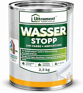 Ultrament Wasser Stopp 2‑in‑1 Farbe & Abdichtung 2,5 kg Weiß | wasserdicht & atmungsaktiv | sofort renovieren, Innen & Außen