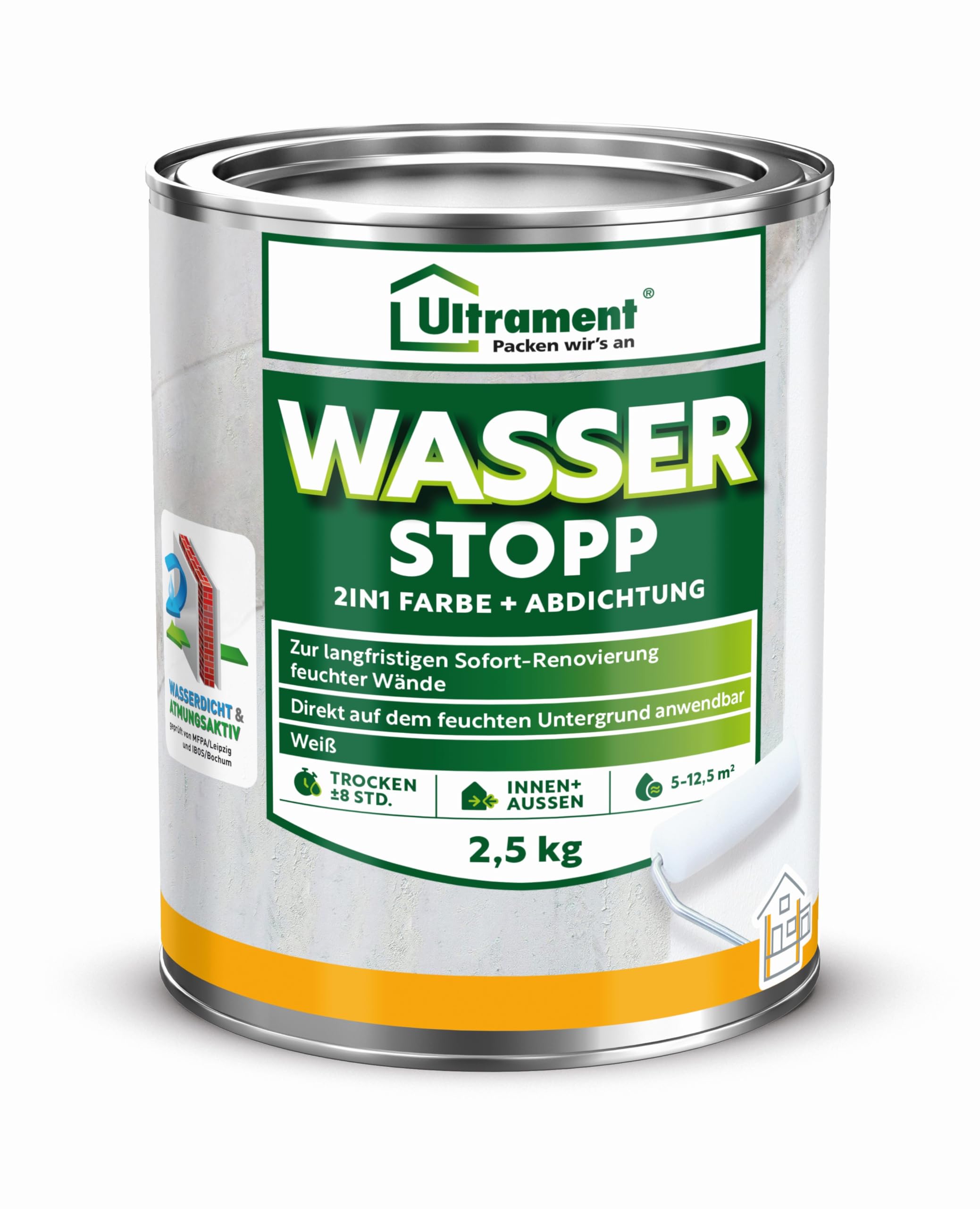 Ultrament Wasser Stopp 2‑in‑1 Farbe & Abdichtung 2,5 kg Weiß | wasserdicht & atmungsaktiv | sofort renovieren, Innen & Außen