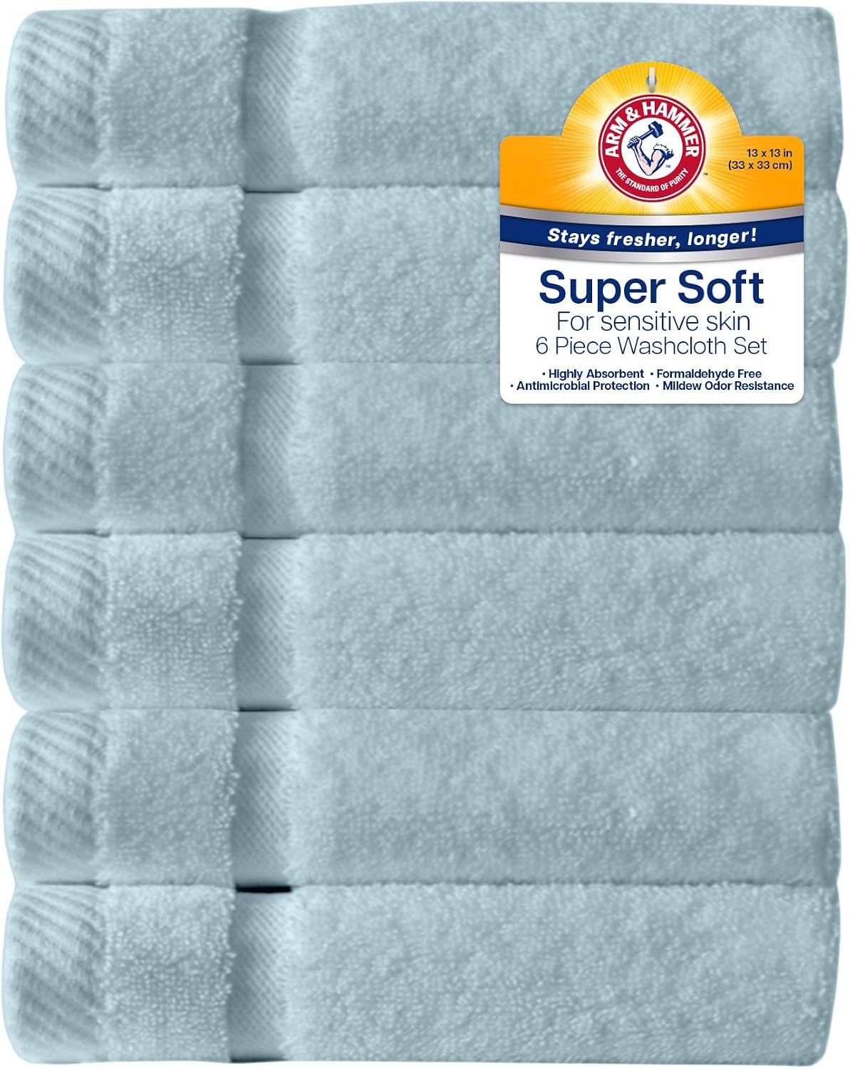 Arm & Hammer Super Soft Washcloths, 6 Piece, Light Blue