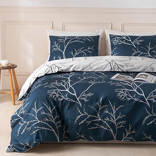 Duvet Cover Queen, Tree Branches Pattern Bed Sets, Ultra Soft Microfiber Bed Set, 3 Piece Breathable Queen Duvet Cover Set with Zipper Closure, Corner Ties, (90x90 Inch, Blue) - Blue - Queen