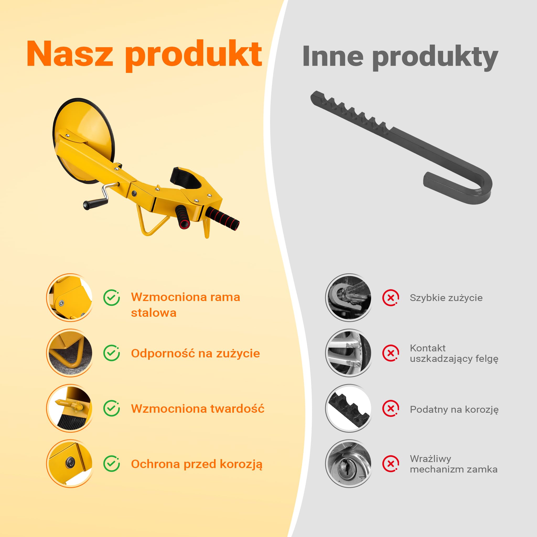Pazur do kół Wiltec 300 x 145 x 630 mm, do felg 10-18", stalowy pazur do opon zabezpieczający przed kradzieżą, immobiliser z kluczykiem