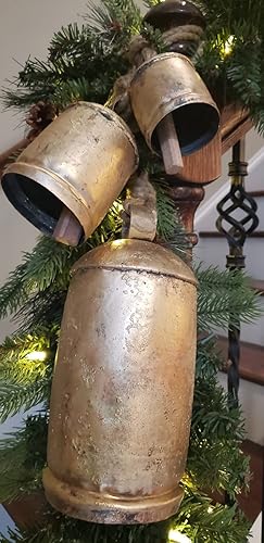 Miniatura 2 de Yantra 10-6.3-9.8 in - Juego de 3 campanas rústicas vintage de vaca de la suerte en cuerda con bolsa de yute para colgar en la pared