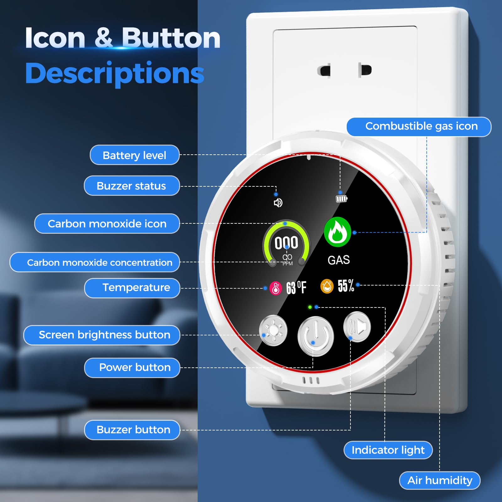 4 in 1 Carbon Monoxide Detectors Plug in, CO Detector & Natural Gas Detector with Battery Backup, HD Digital Display Monitors CO, Combustible Gas, Temp, Humidity - Home Safety for House, RV