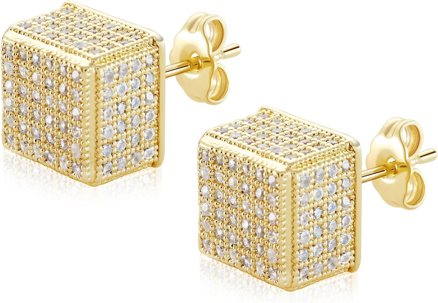 14k Gold Plated 5A+ Cubic Zirconia Iced Out Square Earrings Hip Hop Push Back CZ Stud Earrings for Men Women