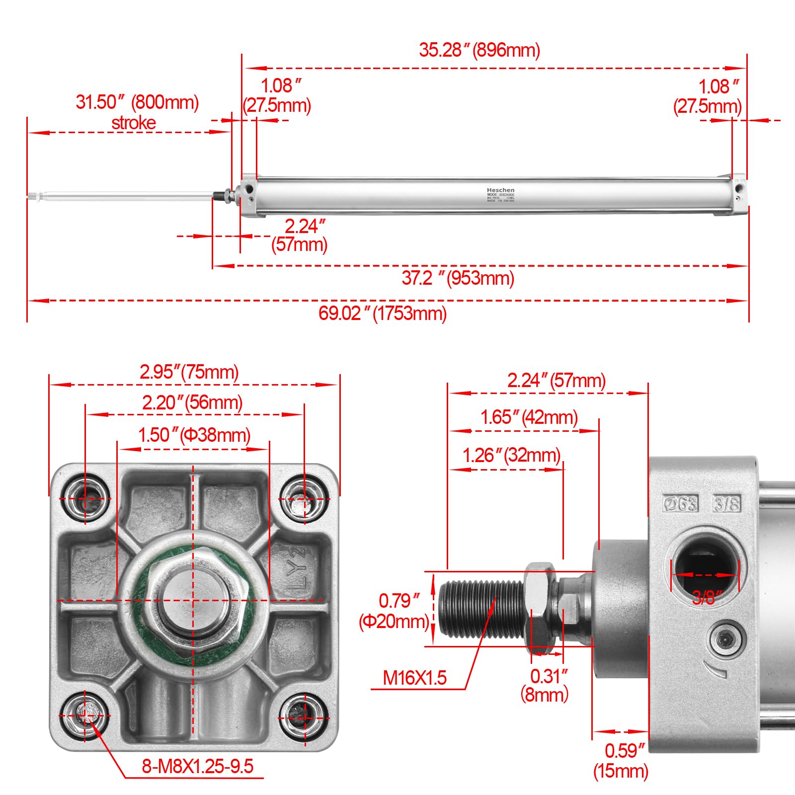 Heschen Cilindro de aire estándar neumático, SC 63-800, puerto PT3/8, orificio de 63 mm, carrera de 800 mm, doble acción