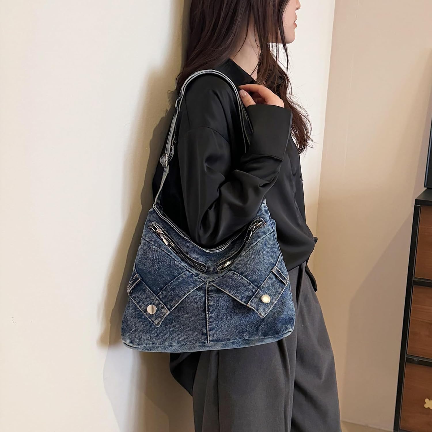 Denim Crossbody Bags for Women Jean Purse Hobo Denim Shoulder Bag Large Capacity Jean Handbag