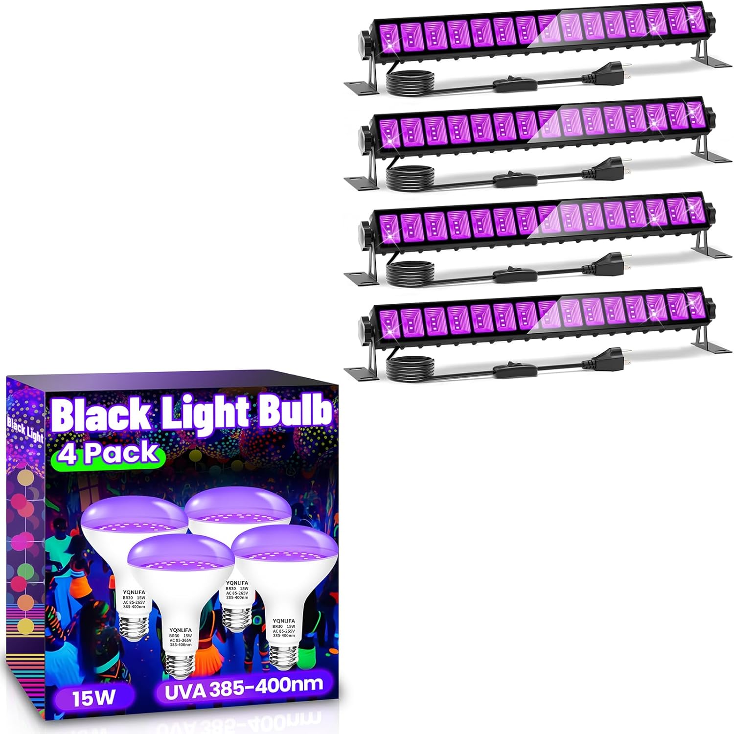 4 Pack 36W Black Light Bar & 4 Pack 15W LED Black Light, Blacklight for Glow Party, Fluorescent Poster, Body Paint, Halloween Dec