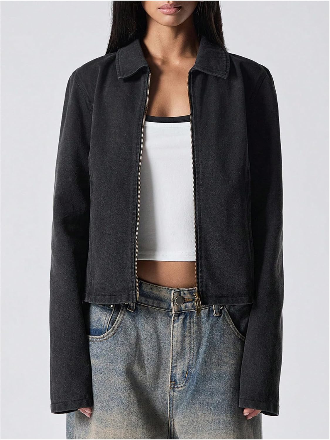 OYOANGLE Women's Zip Up Denim Jacket Long Sleeve Collar Outerwear with Pockets Streetwear
